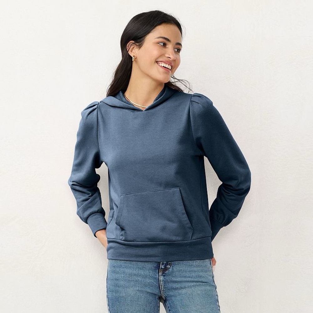 LC Lauren Conrad Navy Blue Puff Shoulder Hoodie Sweatshirt